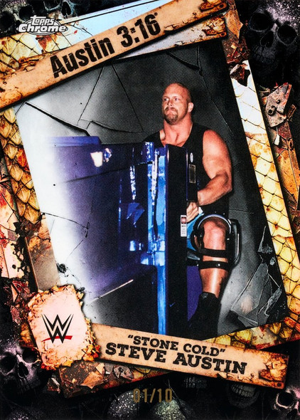 “Stone Cold” Steve Austin WWE Topps Chrome card featuring iconic Austin 3:16 imagery with a rugged, shattered glass design, numbered 01/10.