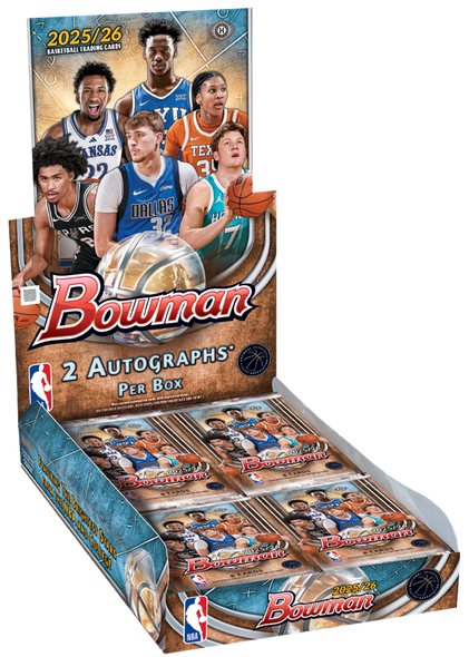 2025/26 Topps Bowman Basketball Hobby Box displaying NBA stars and top prospects with 2 autographs per box and premium trading card packs inside.