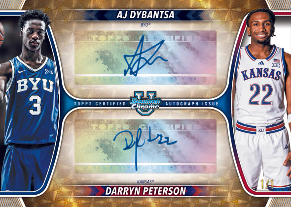 AJ Dybantsa and Darryn Peterson dual autograph Bowman Chrome card featuring BYU and Kansas prospects with on-card signatures and ultra-rare 1/1 numbering from 2025/26 Bowman Basketball.