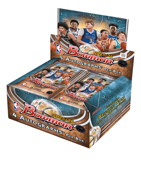2025/26 Topps Bowman Basketball Jumbo Box showcasing NBA stars and top prospects with 4 autographs per box and multiple premium trading card packs.