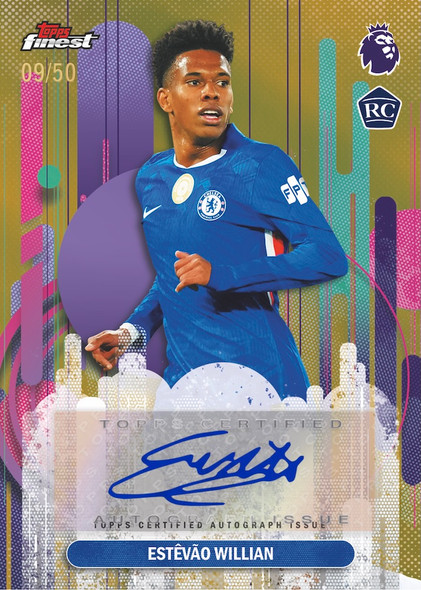 Estevão Willian rookie autograph card from 2025/26 Topps Finest Premier League, featuring a gold parallel numbered to 50 with on-card signature.