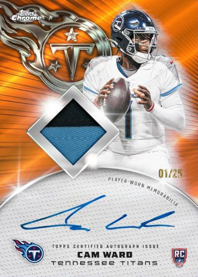 Cam Ward rookie autographed patch card numbered 01/25 featuring Tennessee Titans quarterback with player-worn memorabilia and premium Topps Chrome design.