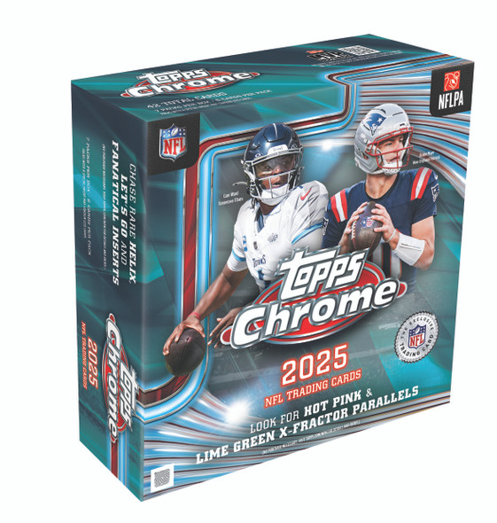 2025 Topps Chrome Football Mega Box featuring NFL stars and rookies, highlighting exclusive Hot Pink and Lime Green Refractor parallels in retail configuration.