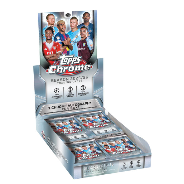 2025/26 Topps Chrome UEFA Club Competitions Hobby Box display featuring packs, 1 guaranteed autograph, and Champions League, Europa League, and Conference League branding.