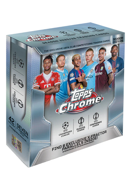 2025/26 Topps Chrome UEFA Club Competitions Mega Box featuring exclusive Chrome parallels, retail packs, and UEFA league branding.