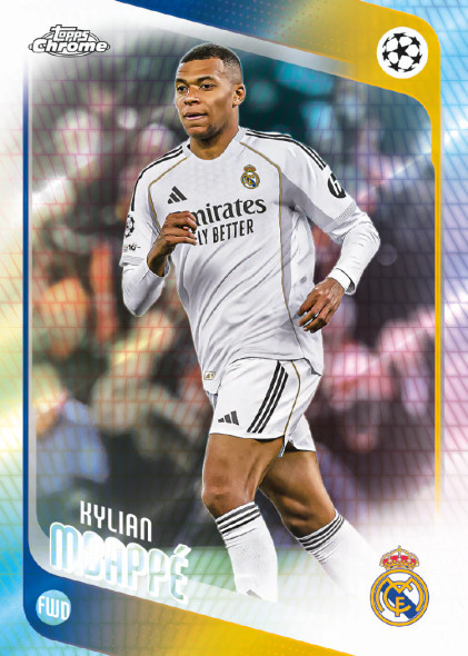 Kylian Mbappé Topps Chrome UEFA Champions League card featuring Real Madrid star in a dynamic action pose with vibrant chrome finish design.