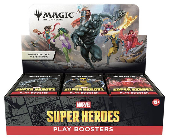 Magic The Gathering Marvel Super Heroes Play Booster Box display featuring multiple booster packs with Marvel character artwork including Black Panther, Wolverine, Scarlet Witch, and Iron Man.