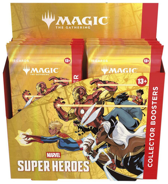Magic The Gathering Marvel Super Heroes Collector Booster Box display featuring gold premium packaging with Marvel characters including Iron Man, Captain Marvel, and Storm on booster packs.