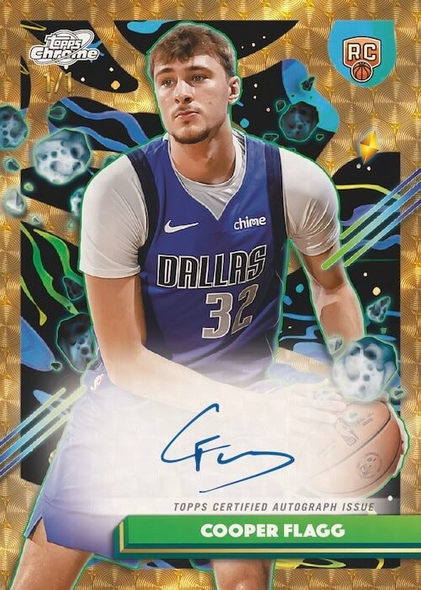 Cooper Flagg 2025/26 Topps Chrome Cosmic NBA rookie autograph card featuring gold refractor finish with on-card signature and Dallas uniform.