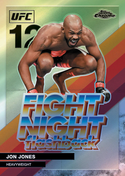 2026 Topps Chrome UFC Fight Night Flashback Jon Jones insert card showcasing the heavyweight superstar in retro-inspired chrome artwork and premium UFC collectible styling.