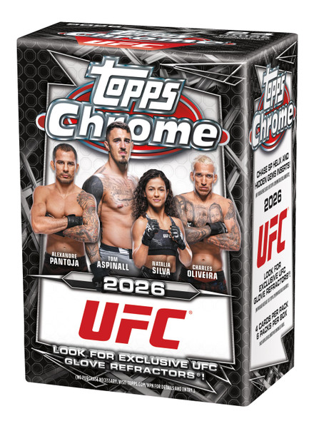 2026 Topps Chrome UFC Blaster Box featuring Tom Aspinall, Charles Oliveira, Alexandre Pantoja, and Natalia Silva with exclusive UFC Glove Refractor parallels and Chrome UFC trading cards.