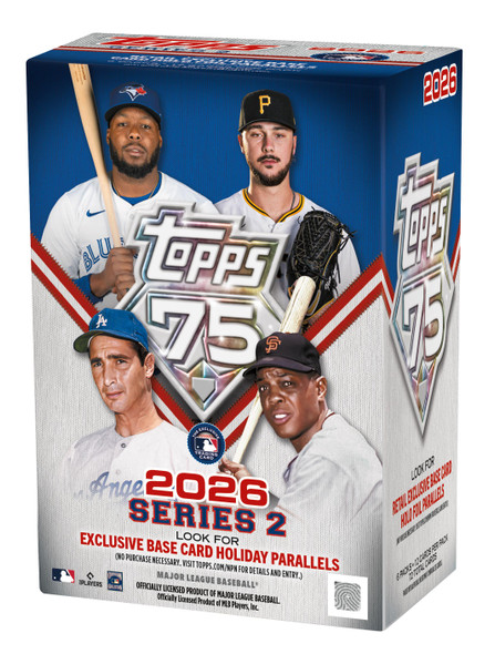 2026 Topps Baseball Series 2 Value Box featuring Topps 75 anniversary branding, MLB stars, exclusive holiday parallels, rookie cards, and retail baseball trading cards.