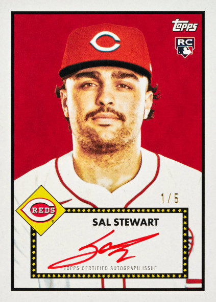 2026 Topps Baseball Series 2 Sal Stewart Red Ink Autograph card featuring the Cincinnati Reds rookie prospect with on-card red ink signature and limited serial numbering.
