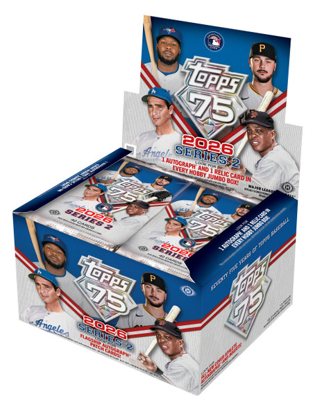 2026 Topps Baseball Series 2 Jumbo Hobby Box featuring MLB stars, exclusive Topps 75 branding, jumbo packs, autograph and relic chase cards, and flagship baseball trading card artwork.