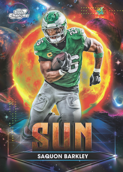 Saquon Barkley 2025 Topps Cosmic Chrome Football Sun insert card featuring the Philadelphia Eagles superstar running back with vibrant galactic artwork.