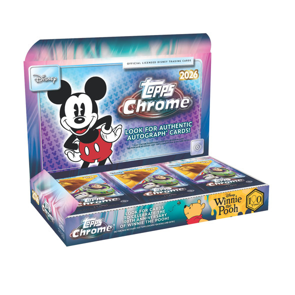 2026 Topps Chrome Disney Hobby Box featuring Mickey Mouse, Buzz Lightyear, and Winnie the Pooh anniversary artwork with authentic autograph chase cards and chrome Disney trading cards.