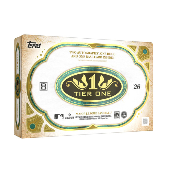 2026 Topps Tier One Baseball Hobby Box product image featuring the elegant gold and emerald design and promising two autographs, one relic card, and one base card inside.