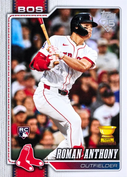2026 Topps Baseball Series 1 Roman Anthony rookie card featuring the Boston Red Sox top prospect and Topps All-Star Rookie Cup design in the flagship Topps 75 anniversary set.