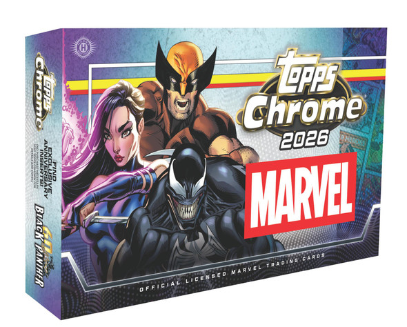 2026 Topps Chrome Marvel Comics Hobby Box featuring Wolverine, Venom, and Psylocke artwork, loaded with hobby-exclusive inserts and celebrating Black Panther's 60th anniversary.