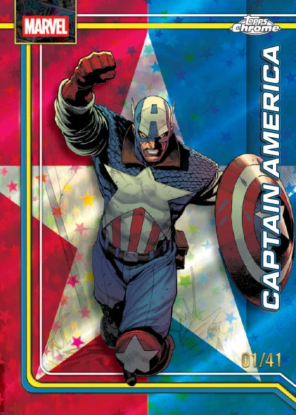2026 Topps Chrome Marvel Captain America patriotic refractor card numbered 01/41 featuring vibrant red, white, and blue star-spangled artwork inspired by the Sentinel of Liberty.