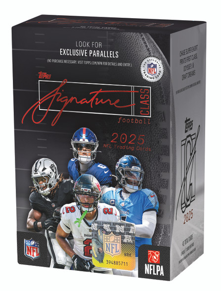 2025 Topps Signature Class Football Value Box featuring exclusive retail parallels and a mix of NFL stars and rookies on premium packaging.