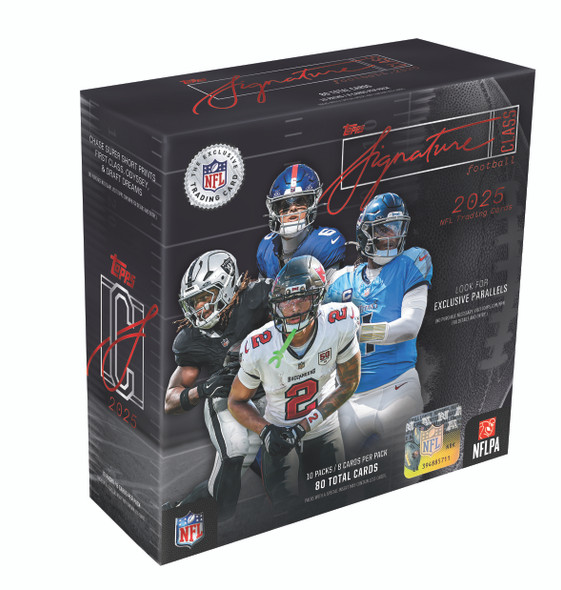 2025 Topps Signature Class Football Mega Box featuring exclusive parallels, 80 total cards, and chase inserts highlighting NFL stars, legends, and rookie sensations.