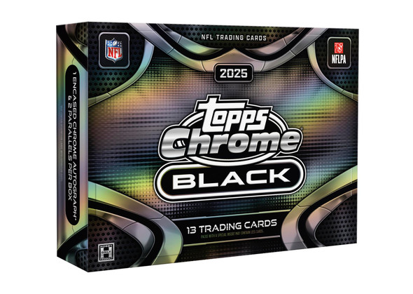 2025 Topps Chrome Black Football Hobby Box featuring an encased Chrome autograph and two parallels in Topps' premium black-chrome football release.