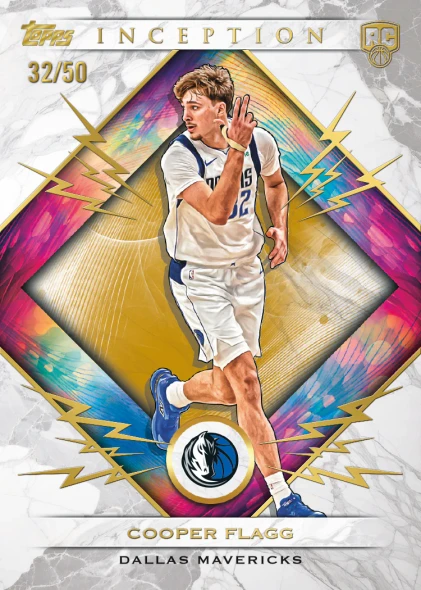 2025/26 Topps Inception Basketball Cooper Flagg Gold Electricity Rookie Parallel numbered 32/50 featuring vibrant gold foil accents, premium artwork, and one of the top rookies from the 2025 NBA Draft class.