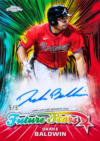2026 Topps Chrome Baseball Drake Baldwin Future Stars Red Refractor Autograph card serial numbered 5/5 featuring the Atlanta Braves rookie with a certified on-card autograph and vibrant chrome finish.