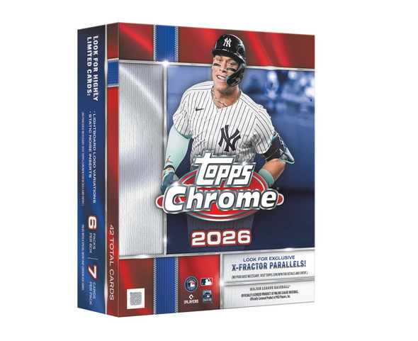 2026 Topps Chrome Baseball Mega Box featuring 6 packs per box, 7 cards per pack, 42 total cards, exclusive X-Fractor parallels, rookie cards, colorful Refractors, Chrome inserts, and premium MLB trading cards.