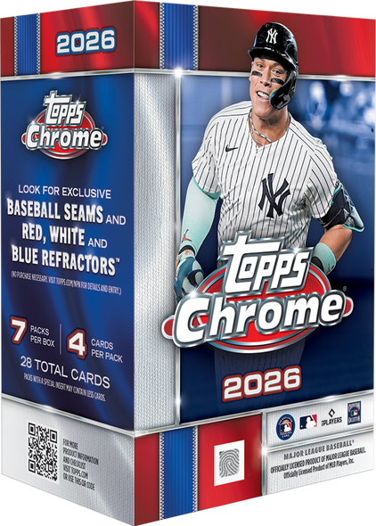 2026 Topps Chrome Baseball Value Box featuring 7 packs per box, 4 cards per pack, 28 total cards, exclusive Baseball Seams inserts, Red White and Blue Refractor parallels, rookie cards, and premium MLB trading cards.