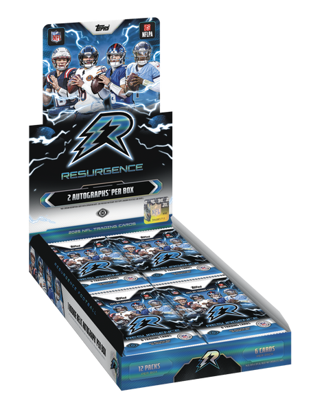 2025 Topps Resurgence Football Hobby Box featuring 12 packs, 6 cards per pack, and 2 autographs per box with premium NFL rookie and veteran Chrome trading cards.