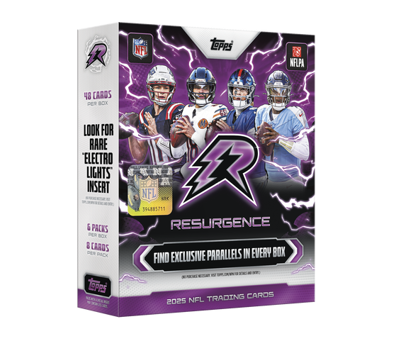 2025 Topps Resurgence Football Mega Box featuring 6 packs, 8 cards per pack, exclusive Mega Box parallels, and rare Electro Lights inserts with top NFL rookies, stars, and legends.