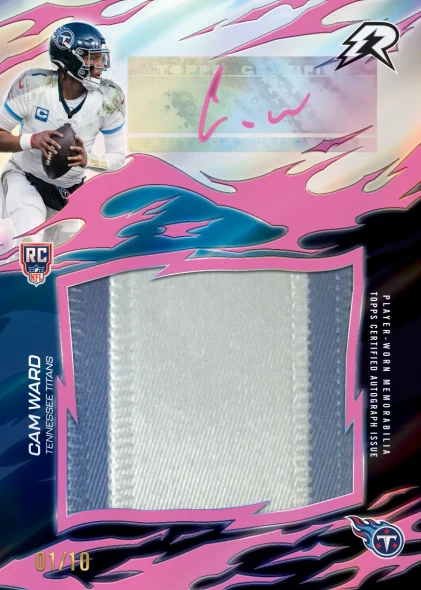 2025 Topps Resurgence Football Pink Rookie Patch Autograph featuring Cam Ward with an oversized player-worn memorabilia patch, on-card autograph, and limited serial numbering—one of the premier rookie chase cards in the set.