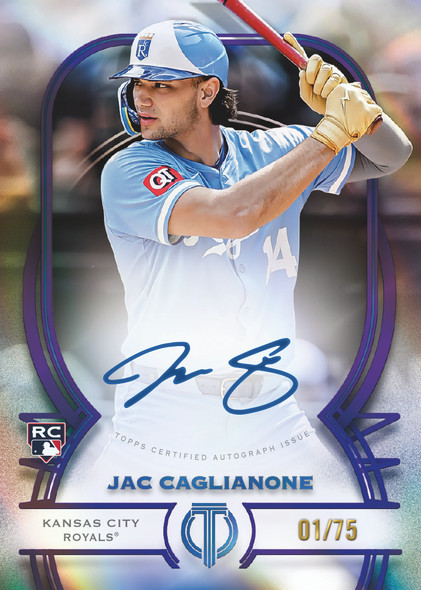 2026 Topps Tribute Purple Rookie Autograph of Jac Caglianone featuring a hard-signed rookie autograph, elegant Tribute design, and limited serial numbering for Kansas City Royals collectors.