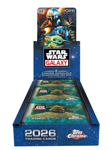 2026 Star Wars Chrome Galaxy Hobby Box featuring premium Topps Chrome Star Wars trading cards with 4 guaranteed Chrome parallels per box.
