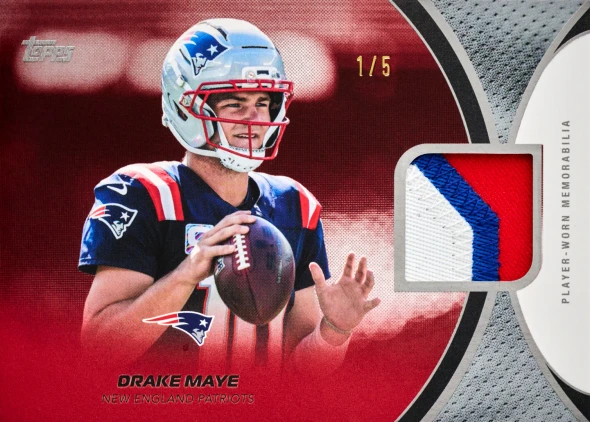 2026 Topps Flagship Football Drake Maye NFL Material Relics Red Parallel #1/5 featuring a premium player-worn patch from the New England Patriots rookie quarterback.