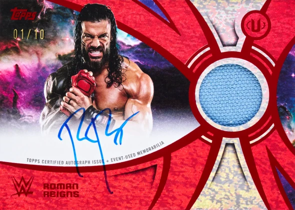 2026 Topps Universe WWE Roman Reigns Red Magma autograph relic card numbered 01/10 with event-used memorabilia.
