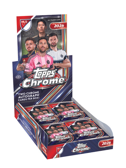 2026 Topps Chrome MLS Soccer Hobby Box featuring Lionel Messi and MLS stars, with two Chrome autograph cards per box.