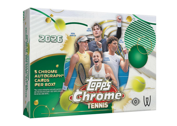 2026 Topps Chrome Tennis Breakers Delight Box featuring Mirra Andreeva, Jack Draper, Ben Shelton and Amanda Anisimova with 5 Chrome autograph cards per box.