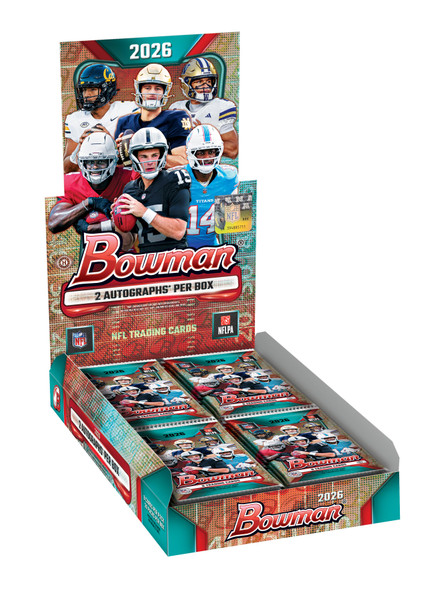 2026 Bowman Football Hobby Box featuring NFL stars, rookies and top college prospects with 2 autographs per box and Bowman Chrome cards to chase.