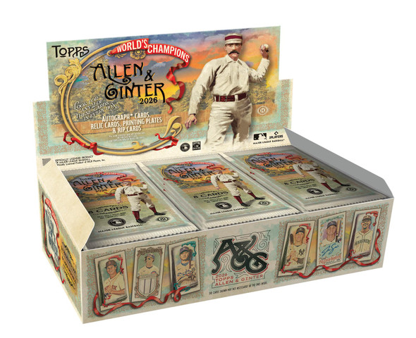 2026 Topps Allen & Ginter Baseball Hobby Box with 24 packs and 192 cards featuring autographs, relics, RIP cards, mini cards and printing plates.
