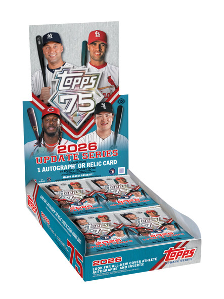 2026 Topps Update Series Baseball Hobby Box with 20 packs and 240 cards featuring MLB rookies, parallels, inserts and one autograph or relic per box.