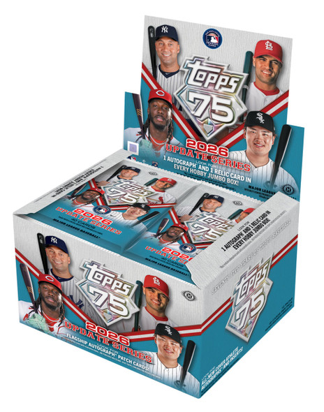 2026 Topps Update Series Baseball Jumbo Box with 400 cards featuring MLB rookies, inserts, parallels, one autograph and one relic card per box.