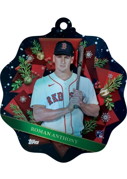 2026 Topps Holiday Baseball ornament card featuring Boston Red Sox rookie Roman Anthony with a festive wreath and holiday design.