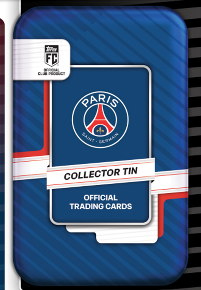 2026/27 Topps Paris Saint-Germain Collector Tin featuring official PSG club branding and Topps Football trading cards.
