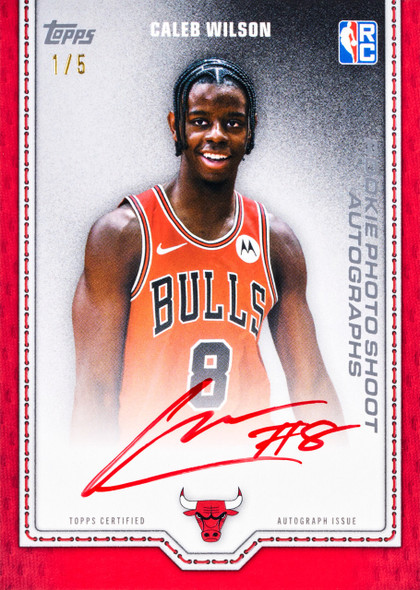 2026/27 Topps Basketball Caleb Wilson Rookie Photo Shoot Red Autograph Card numbered 1/5, featuring the Chicago Bulls rookie with a certified autograph.