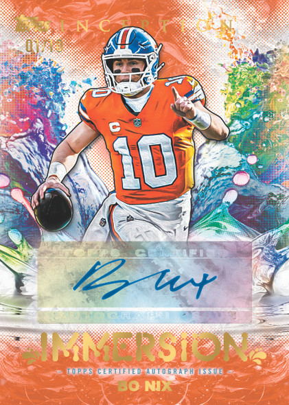 2026 Topps Inception Football Bo Nix Immersion autograph orange parallel featuring the Denver Broncos quarterback, numbered 01/10.