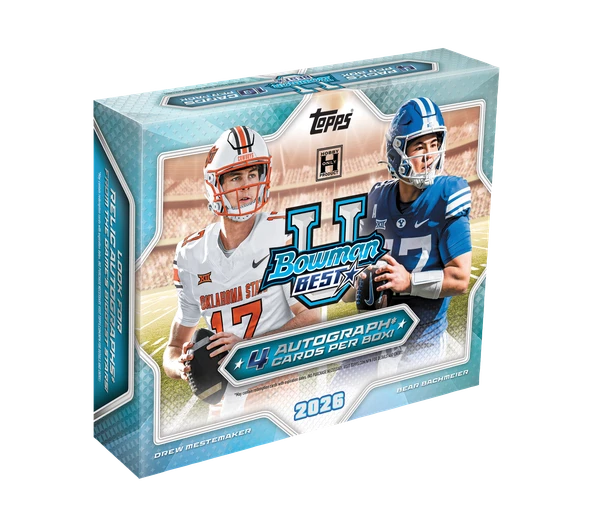 2026 Bowman U Best Football Hobby Box featuring Drew Mestemaker and Bear Bachmeier on teal packaging advertising four autograph cards per box.