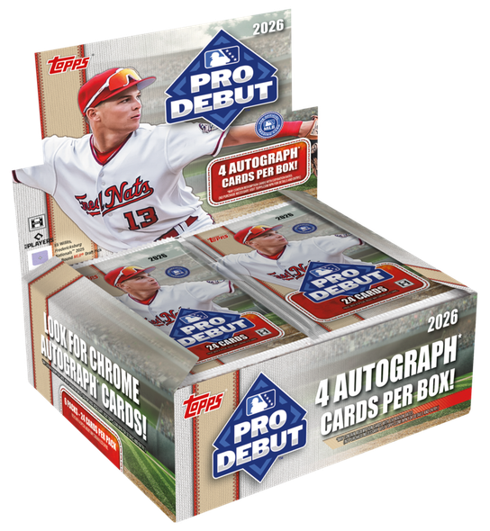 2026 Topps Pro Debut Baseball Hobby Box displayed open with Eli Willits in a Fredericksburg Nationals uniform and four autograph cards per box branding.